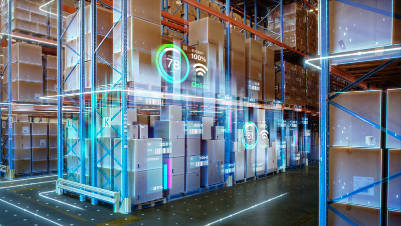 Image of a warehouse with an overlay of Digitalization and Visualization of Industry 4.0 Process that Analyzes Goods, Cardboard Boxes, Products Delivery Infographics